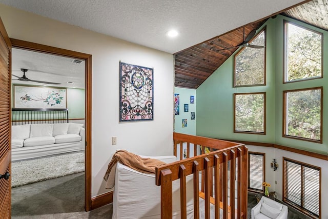 hallway with vaulted ceiling, a wealth of natural light, carpet, and a textured ceiling