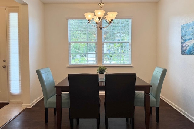 dining room with a chandelier, plenty of natural light, and dark wood-style flooring