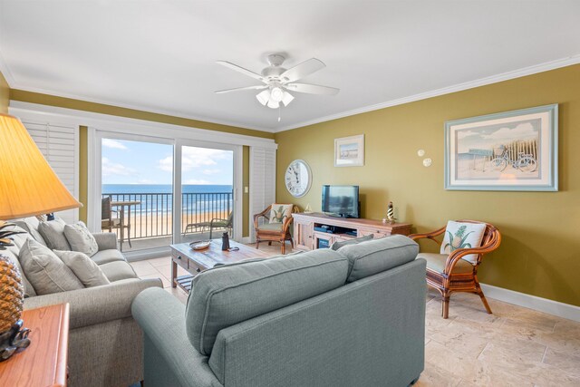 living area with a ceiling fan, baseboards, and crown molding