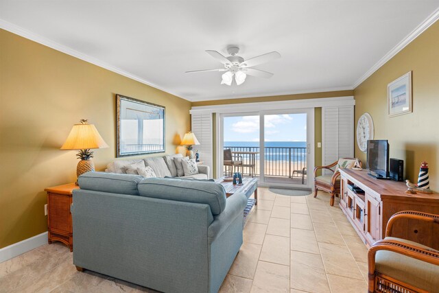 living room featuring light tile patterned flooring, crown molding, baseboards, and ceiling fan