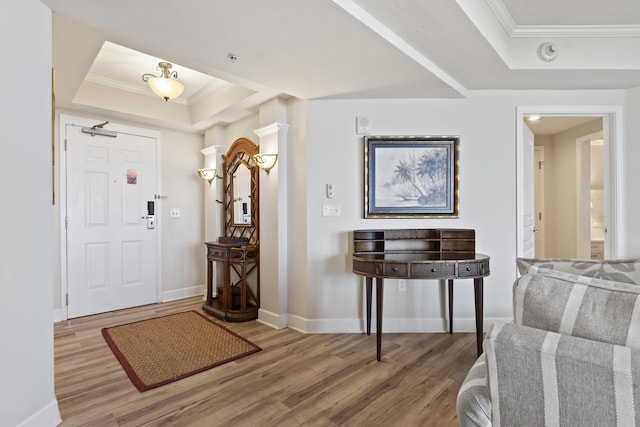 foyer entrance with crown molding, hardwood / wood-style flooring, and a raised ceiling