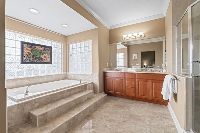 821 Kalli Creek Ln, Saint Augustine, FL 32080 - bathroom with crown molding, a bath, a stall shower, and double vanity