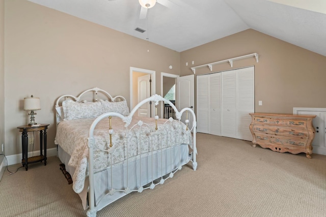 821 Kalli Creek Ln, Saint Augustine, FL 32080 - carpeted bedroom featuring a closet, vaulted ceiling, and ceiling fan