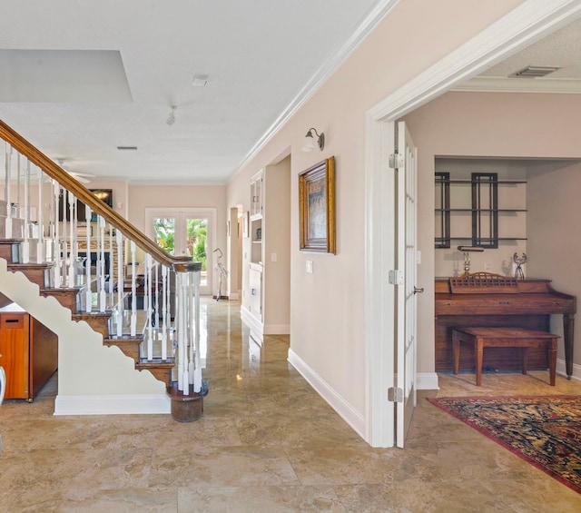 821 Kalli Creek Ln, Saint Augustine, FL 32080 - foyer featuring ornamental molding, stairs, and french doors