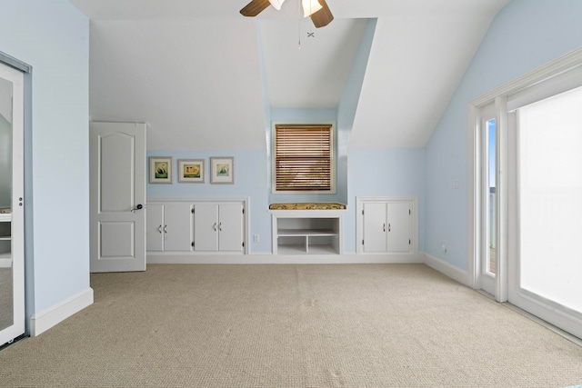 821 Kalli Creek Ln, Saint Augustine, FL 32080 - additional living space featuring light colored carpet, a ceiling fan, vaulted ceiling, and baseboards