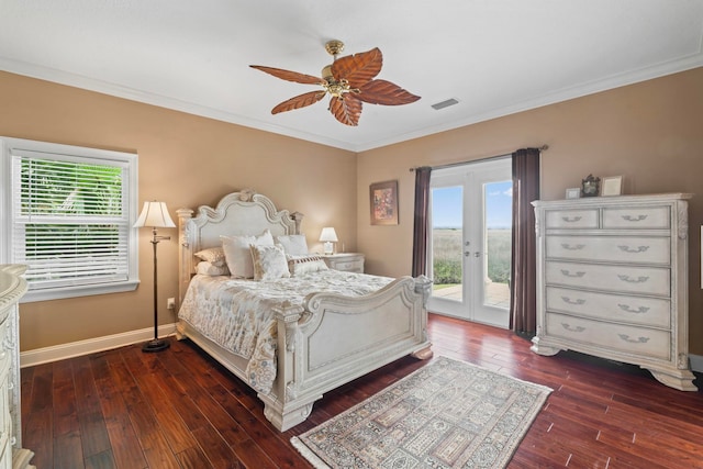 821 Kalli Creek Ln, Saint Augustine, FL 32080 - bedroom with access to exterior, dark wood-type flooring, multiple windows, crown molding, and baseboards