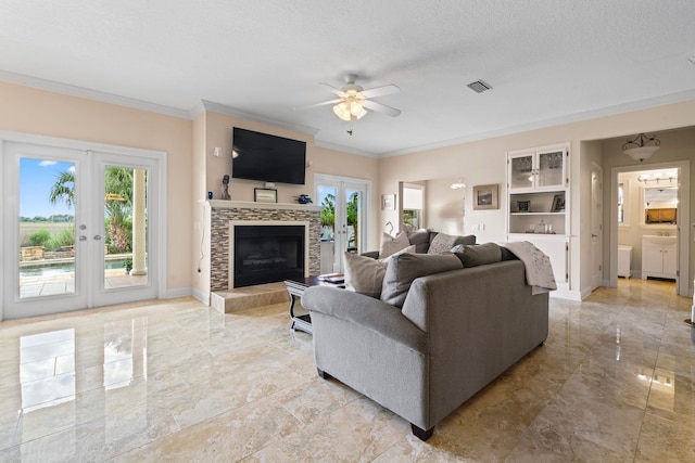 821 Kalli Creek Ln, Saint Augustine, FL 32080 - living area featuring french doors, light marble finish flooring, healthy amount of natural light, crown molding, and ceiling fan