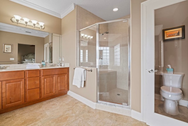 821 Kalli Creek Ln, Saint Augustine, FL 32080 - bathroom featuring double vanity, a shower stall, crown molding, toilet, and baseboards