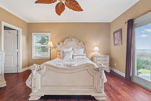 821 Kalli Creek Ln, Saint Augustine, FL 32080 - bedroom featuring access to exterior, crown molding, dark wood finished floors, baseboards, and ceiling fan