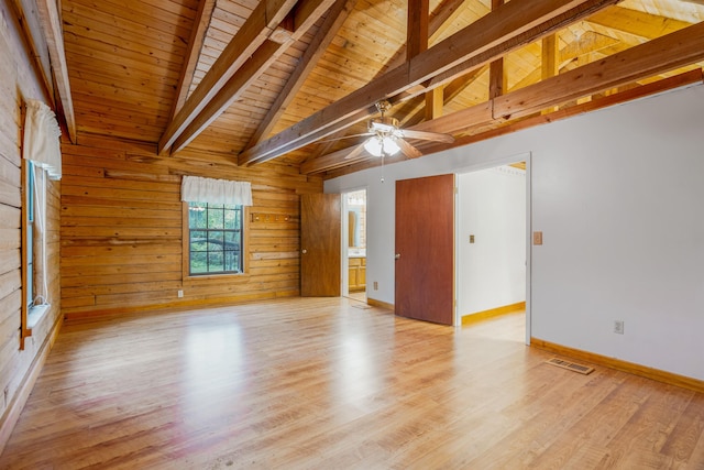 empty room featuring vaulted ceiling with beams, wooden walls, wood ceiling, and light wood-type flooring