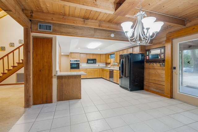 kitchen featuring black appliances, a notable chandelier, pendant lighting, and wooden ceiling