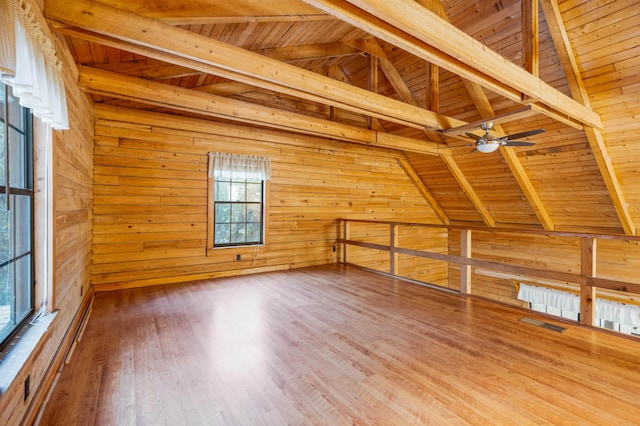 additional living space with wood ceiling, wooden walls, and wood-type flooring