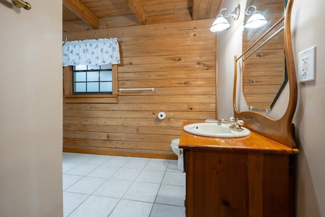 bathroom with wood walls, tile patterned flooring, toilet, beamed ceiling, and wood ceiling