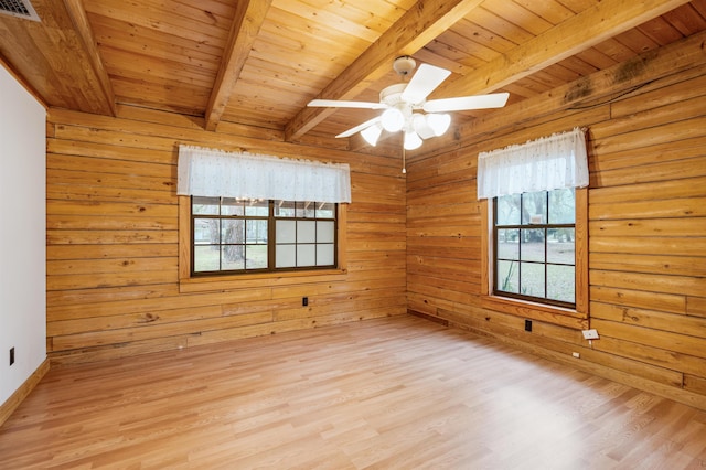 spare room featuring wood ceiling, ceiling fan, wooden walls, light hardwood / wood-style flooring, and beamed ceiling