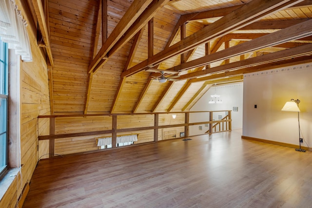 bonus room featuring wooden walls, hardwood / wood-style flooring, wooden ceiling, a chandelier, and vaulted ceiling with beams