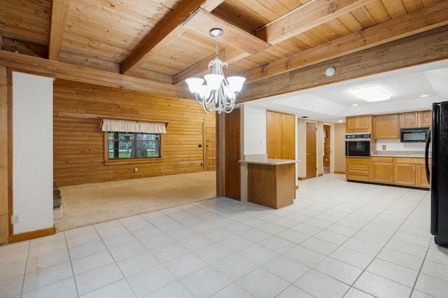 kitchen featuring wooden ceiling, hanging light fixtures, an inviting chandelier, light carpet, and black appliances