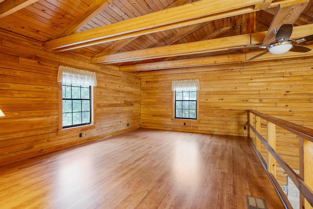 spare room with vaulted ceiling with beams, hardwood / wood-style flooring, wooden walls, and wood ceiling