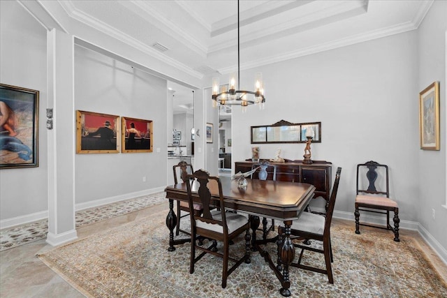 587 Pescado Dr, Saint Augustine, FL 32095 - dining space with a chandelier, ornamental molding, and a tray ceiling