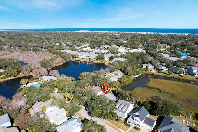 aerial view featuring a water view