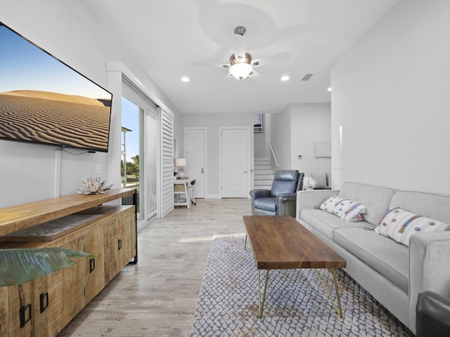 5813 Rudolph Ave, Saint Augustine, FL 32080 - living area featuring stairway, a ceiling fan, light wood-type flooring, visible vents, and recessed lighting