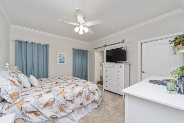 bedroom featuring ceiling fan, ornamental molding, and light carpet