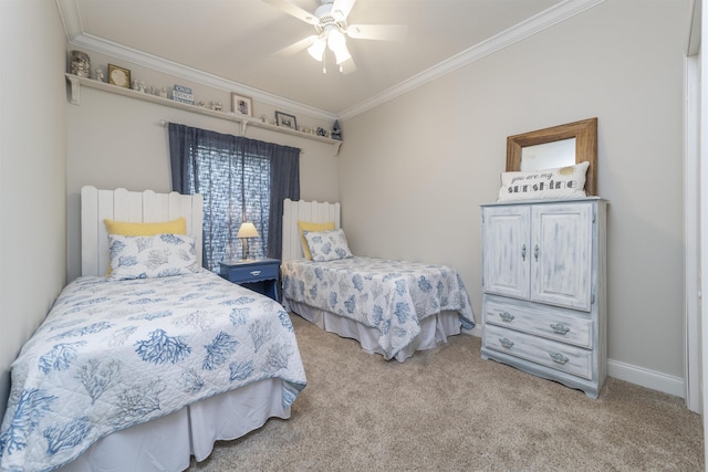 bedroom with light colored carpet, ceiling fan, and crown molding