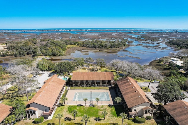 drone / aerial view featuring a water view