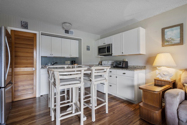 kitchen featuring dark hardwood / wood-style flooring, light stone counters, a textured ceiling, stainless steel appliances, and white cabinets