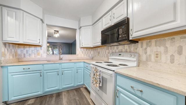 kitchen featuring blue cabinetry, dark hardwood / wood-style flooring, white cabinets, and white electric stove