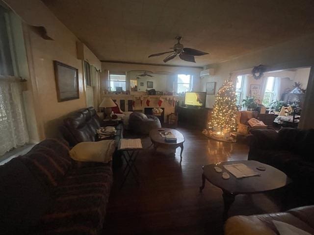 living room with ceiling fan and wood-type flooring