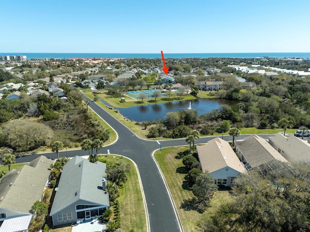 drone / aerial view featuring a water view