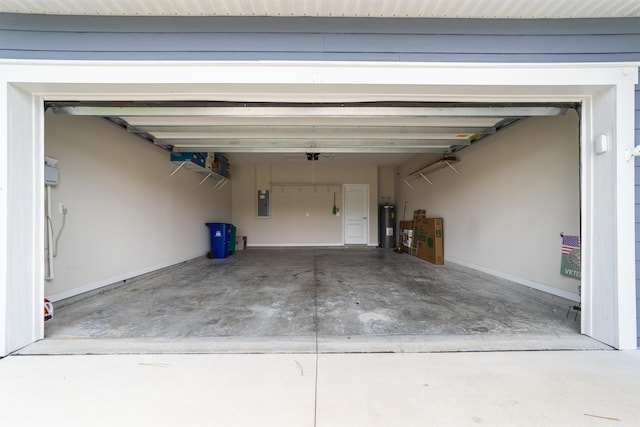 garage with electric panel, electric water heater, and a garage door opener