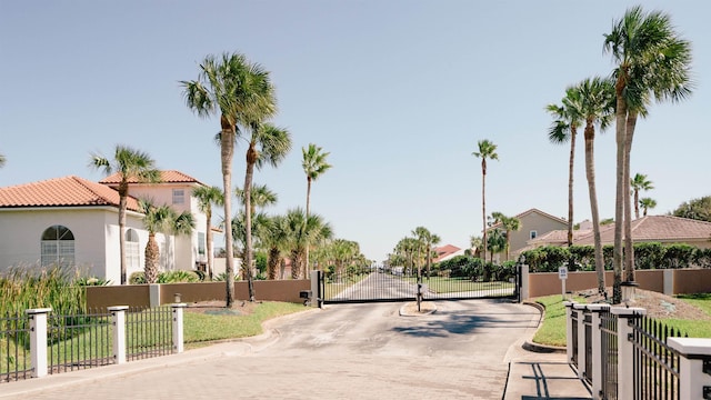 view of street with curbs, a gated entry, and a gate