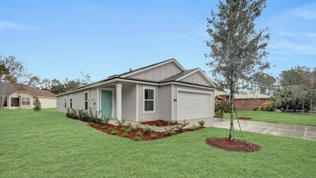 view of property exterior with a lawn and a garage