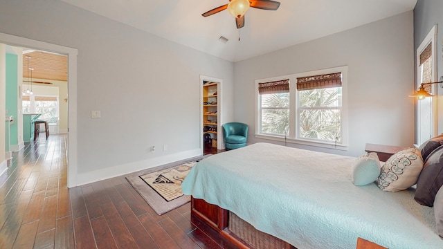 bedroom with vaulted ceiling, ceiling fan, dark hardwood / wood-style floors, a walk in closet, and a closet