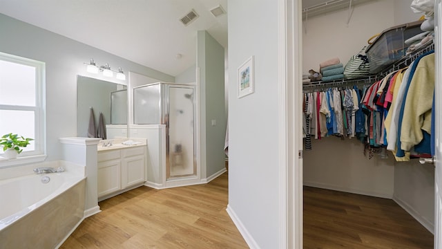 2020 Spring Meadows Ct, Saint Augustine, FL 32092 - full bathroom featuring vanity, wood finished floors, a stall shower, a walk in closet, and a garden tub