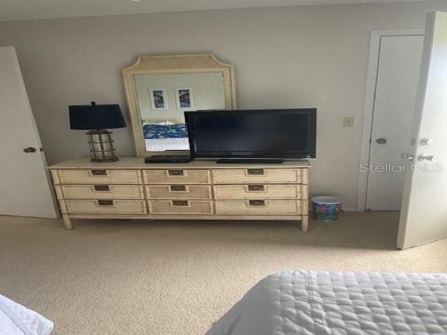 bedroom featuring light colored carpet