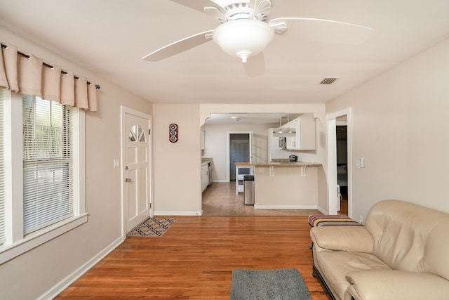 living room with ceiling fan and hardwood / wood-style floors