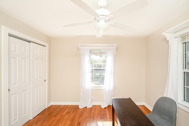 home office with ceiling fan and light hardwood / wood-style floors