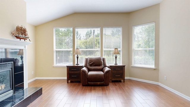 256 N Hidden Tree Dr, Saint Augustine, FL 32086 - sitting room featuring a tiled fireplace, healthy amount of natural light, wood finished floors, baseboards, and lofted ceiling