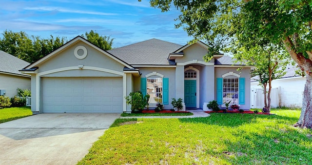256 N Hidden Tree Dr, Saint Augustine, FL 32086 - traditional home featuring a garage, driveway, a front lawn, stucco siding, and roof with shingles