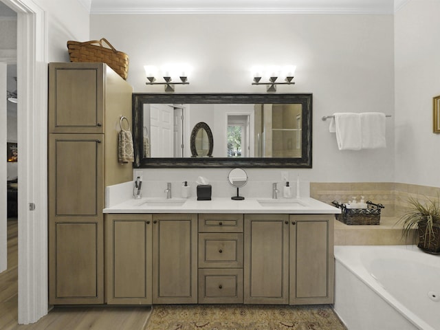 476 Ocean Forest Dr, Saint Augustine, FL 32080 - bathroom featuring crown molding, double vanity, a sink, and a bath
