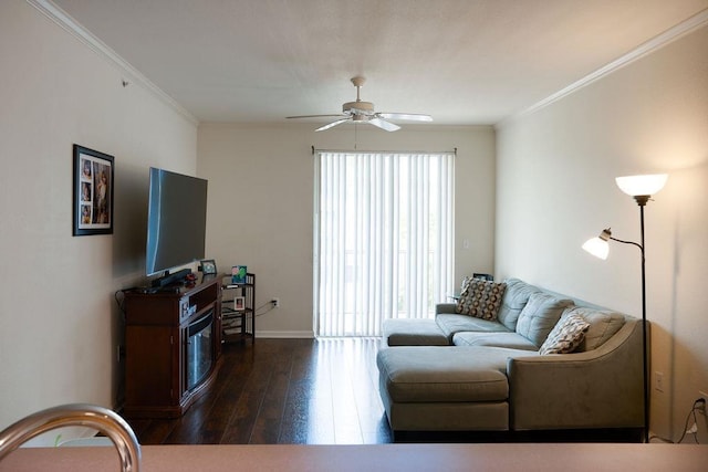 410 S Villa San Marco Dr Unit 301, Saint Augustine, FL 32086 - living room featuring ceiling fan, wood-type flooring, ornamental molding, and baseboards