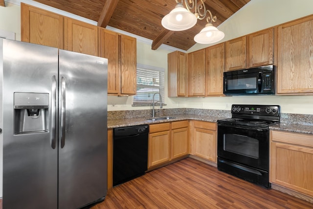 kitchen featuring wooden ceiling, dark wood-type flooring, black appliances, sink, and vaulted ceiling with beams