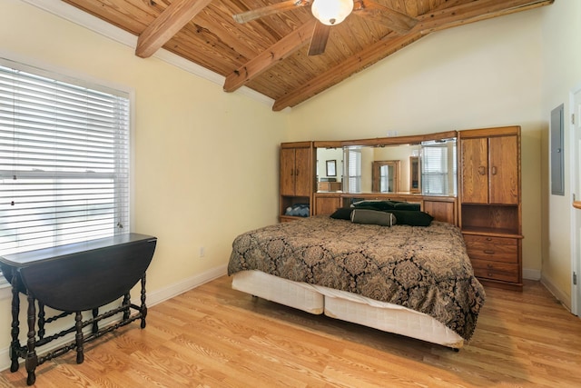 bedroom with vaulted ceiling with beams, ceiling fan, wooden ceiling, and light hardwood / wood-style flooring