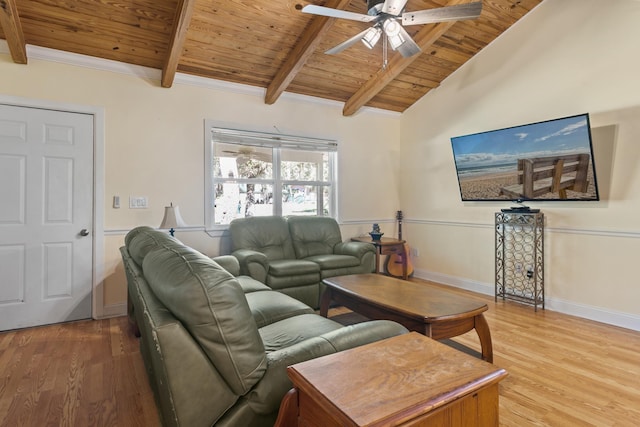 living room featuring hardwood / wood-style flooring, vaulted ceiling with beams, ceiling fan, and wood ceiling