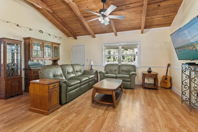 living room featuring lofted ceiling with beams, light hardwood / wood-style flooring, ceiling fan, and wooden ceiling