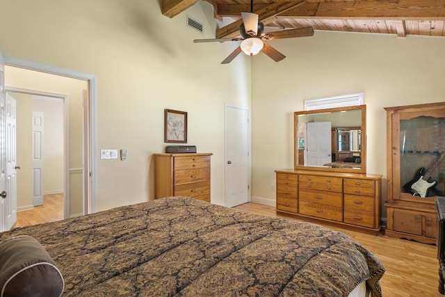 bedroom featuring beam ceiling, light wood-type flooring, ceiling fan, and wooden ceiling