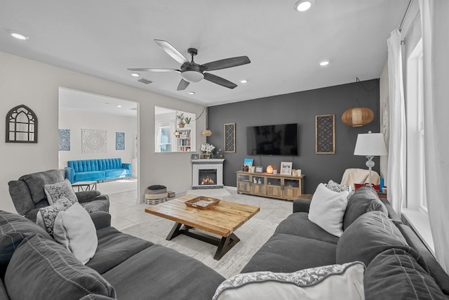 811 Sandstone Dr, Saint Augustine, FL 32086 - living room featuring light tile patterned floors, visible vents, recessed lighting, and ceiling fan