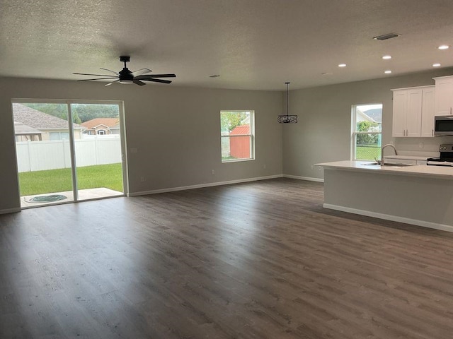 unfurnished living room with dark hardwood / wood-style flooring, sink, and a wealth of natural light